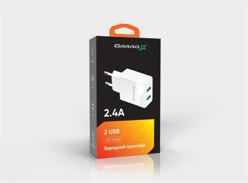 Сетевое зарядное устройство для Grand-X (2xUSB 2.4А) White (CH-50W)
