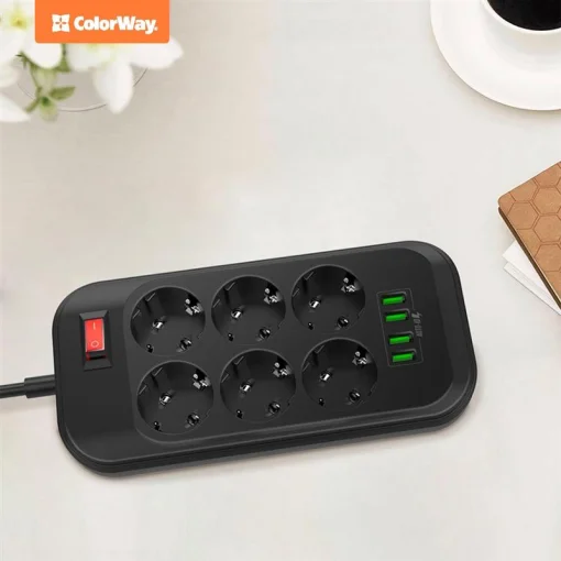 Фильтр питания СolorWay (CW-CHE64B) 6 розеток, 4xUSB, 2м, Black