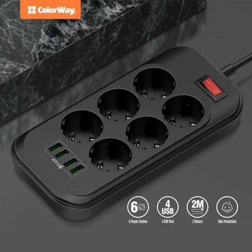 Фильтр питания СolorWay (CW-CHE64B) 6 розеток, 4xUSB, 2м, Black