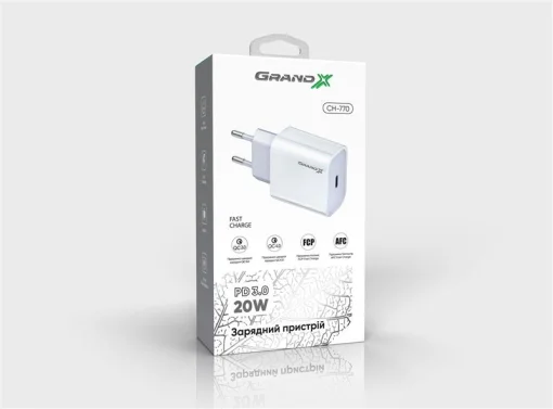Сетевое зарядное устройство для Grand-X (1xUSB-C 20W) QC4.0, PD 3.0, FCP, AFC White (CH-770)