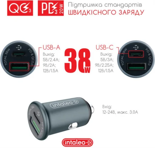 Автомобильное зарядное устройство для Intaleo CCGQPD238 (2USB, 3A) Grey (1283126509971)