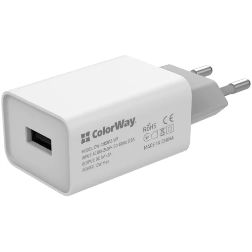 Зарядний пристрій COLORWAY 1xUSB-A, 2A, 10W White (CW-CHS012-WT)