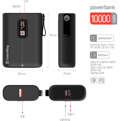 Повербанк COLORWAY Full Power PD+QC 10000mAh Black (CW-PB100LPK2BK-PDD)