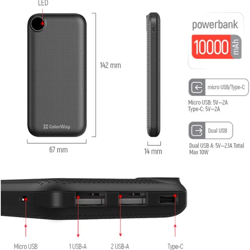Повербанк COLORWAY Slim LCD 10000mAh Black (CW-PB100LPH2BK-D)