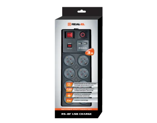 Фильтр питания REAL-EL RS-8F USB CHARGE 3.0m Black
