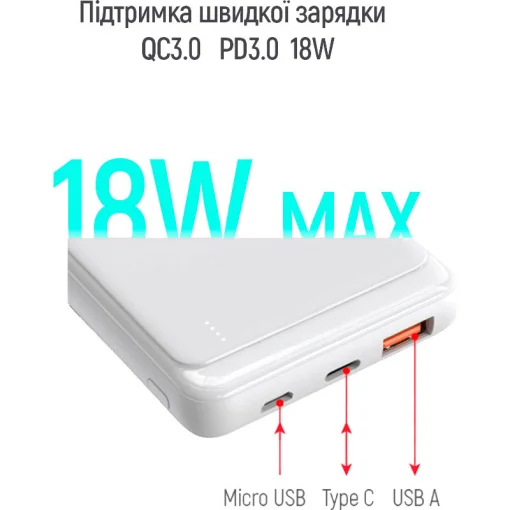 Повербанк COLORWAY Slim PD+QC 10000mAh White (CW-PB100LPG3WT-PD)