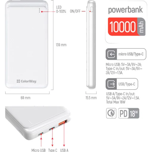 Повербанк COLORWAY Slim PD+QC 10000mAh White (CW-PB100LPG3WT-PD)