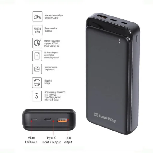 Повербанк COLORWAY Slim PD+QC 20000mAh Black (CW-PB200LPG3BK-PD)