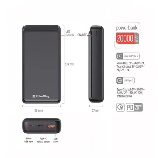 Повербанк COLORWAY Slim PD+QC 20000mAh Black (CW-PB200LPG3BK-PD)