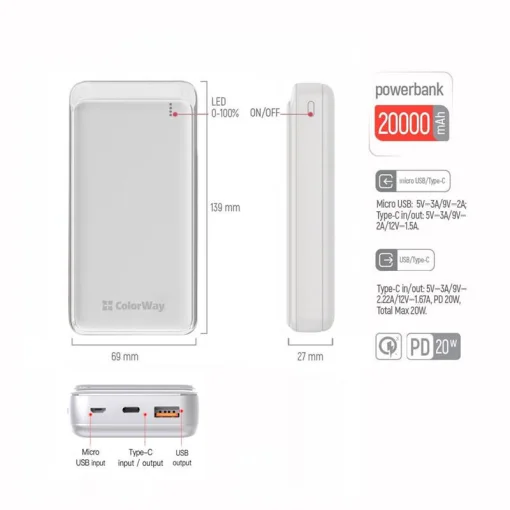 Повербанк COLORWAY Slim PD+QC 20000mAh White (CW-PB200LPG3WT-PD)