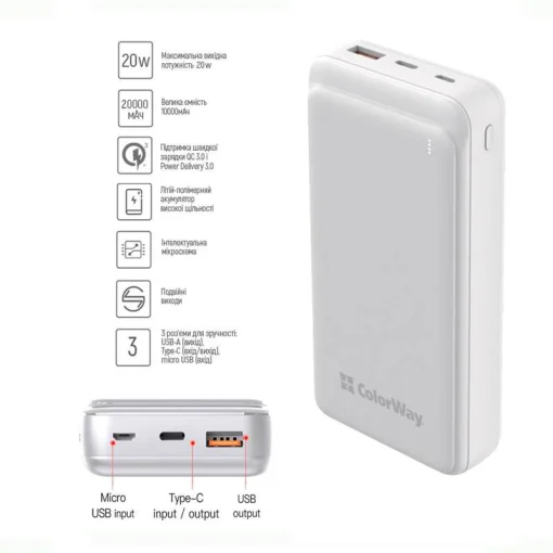 Повербанк COLORWAY Slim PD+QC 20000mAh White (CW-PB200LPG3WT-PD)