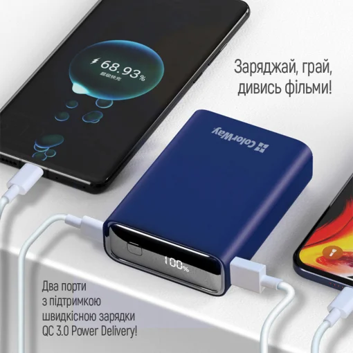 Повербанк COLORWAY Full Power PD+QC 20000mAh Blue (CW-PB200LPG2BL-PDD)