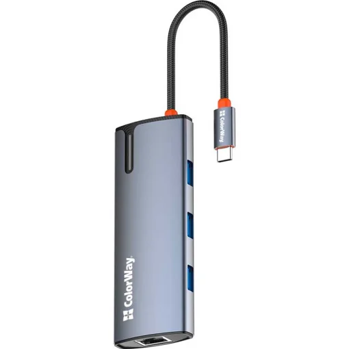 Порт-репликатор COLORWAY 6-в-1 USB-C к 1xHDMI, 3xUSB3.0, PD100W, LAN (CW-HUB02)