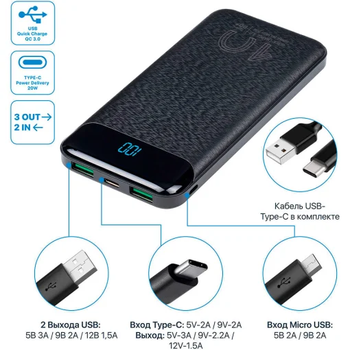 Повербанк RIVACASE Rivapower VA2540 QC/PD 20W 10000mAh Black